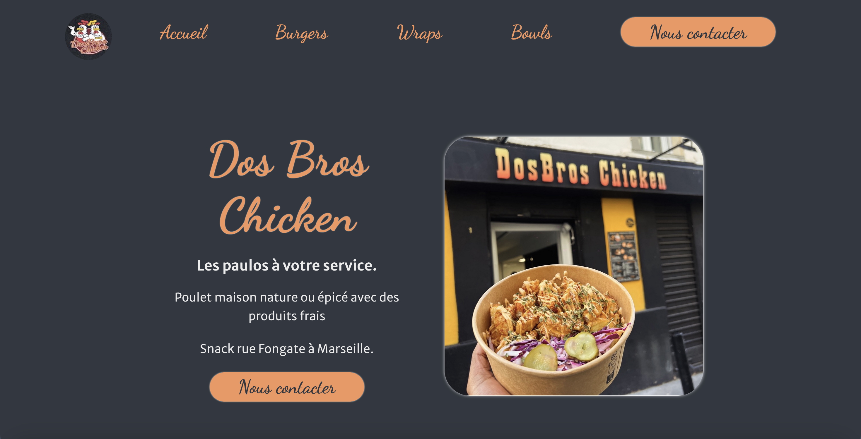 photo montrant le site d'un snack à Marseille qui s'appelle Dos Bros Chicken et qui prose des spécialités de poulet
